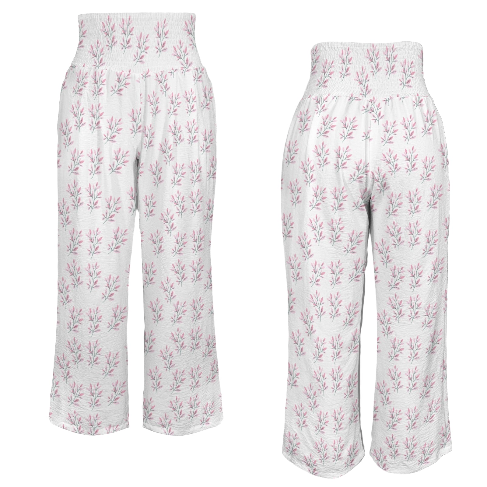 Simple Pink Leaves High Elastic Waist Pants with Wide Legs up to 5 XL 5