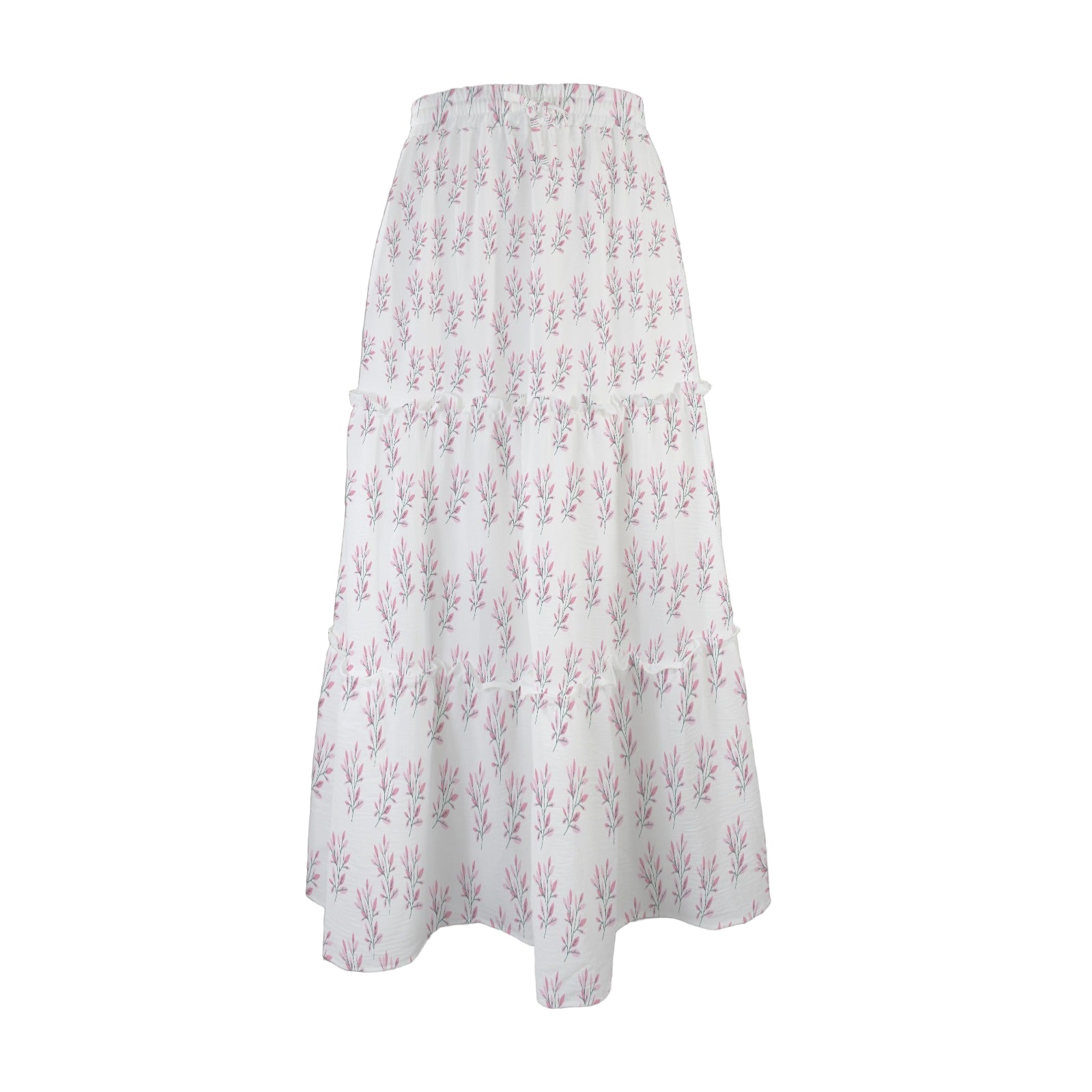 Simple Pink Leaves Three Tier Long Skirt up to 5 XL (FWS) white