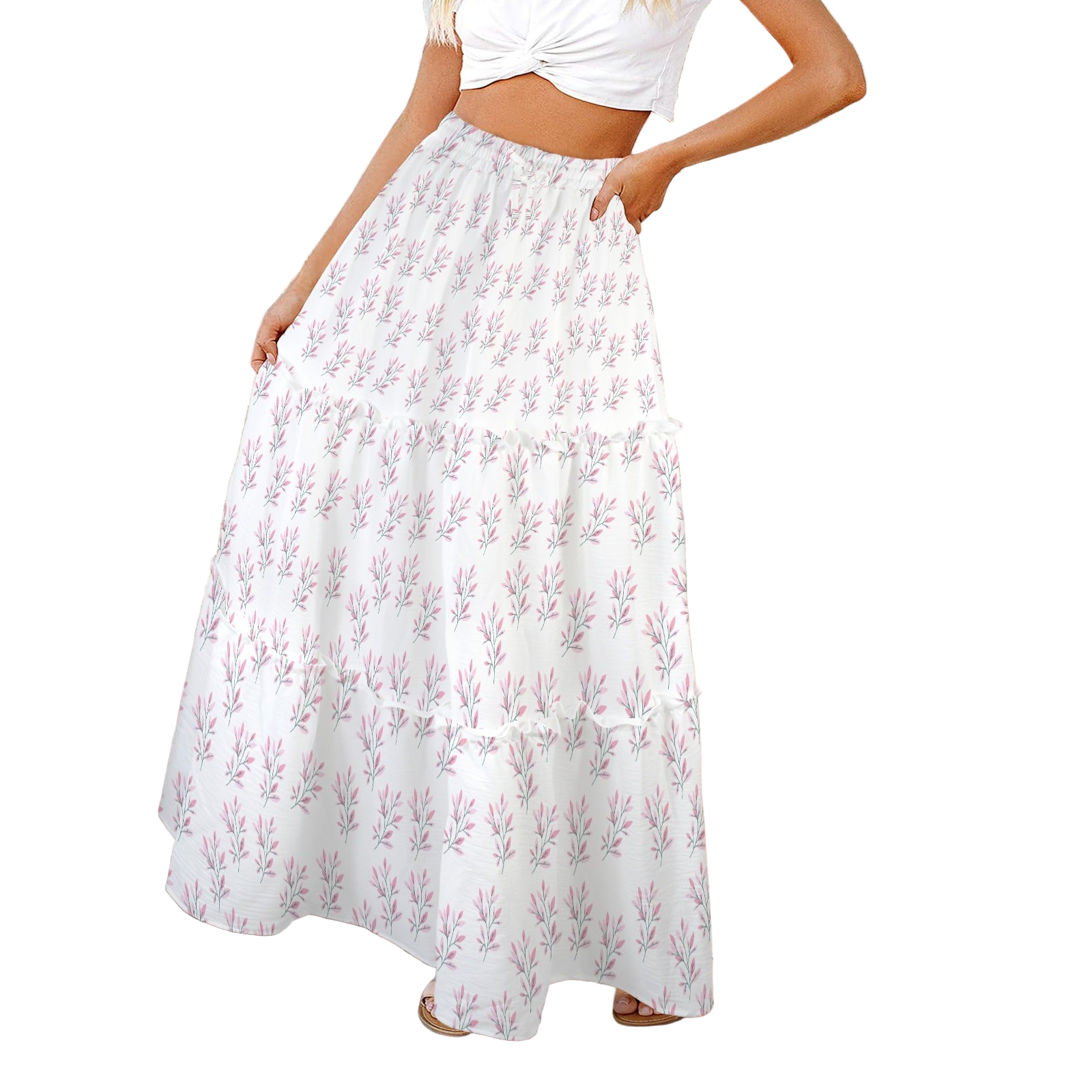 Simple Pink Leaves Three Tier Long Skirt up to 5 XL (FWS) white 2