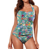 Teal Colourful Floral Women's Ruched Halter Neck Swimsuit up to 5 XL (FWS) 1
