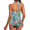 Teal Colourful Floral Women's Ruched Halter Neck Swimsuit up to 5 XL (FWS) 4