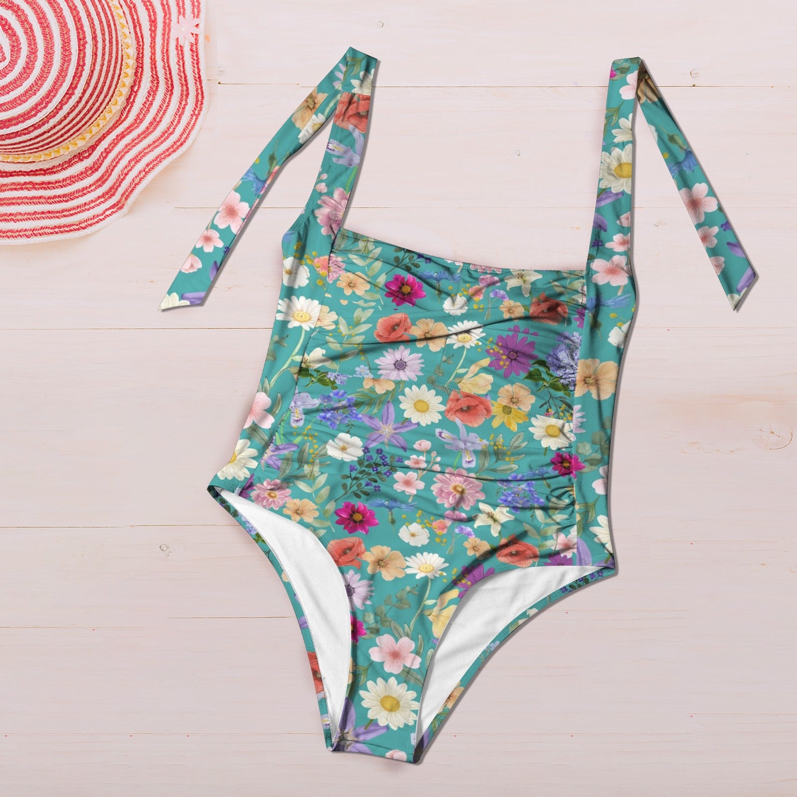 Teal Colourful Floral Women's Ruched Halter Neck Swimsuit up to 5 XL (FWS) 5