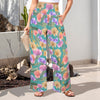 Teal Simple Floral High Elastic Waist Pants with Wide Legs up to 5 XL 1