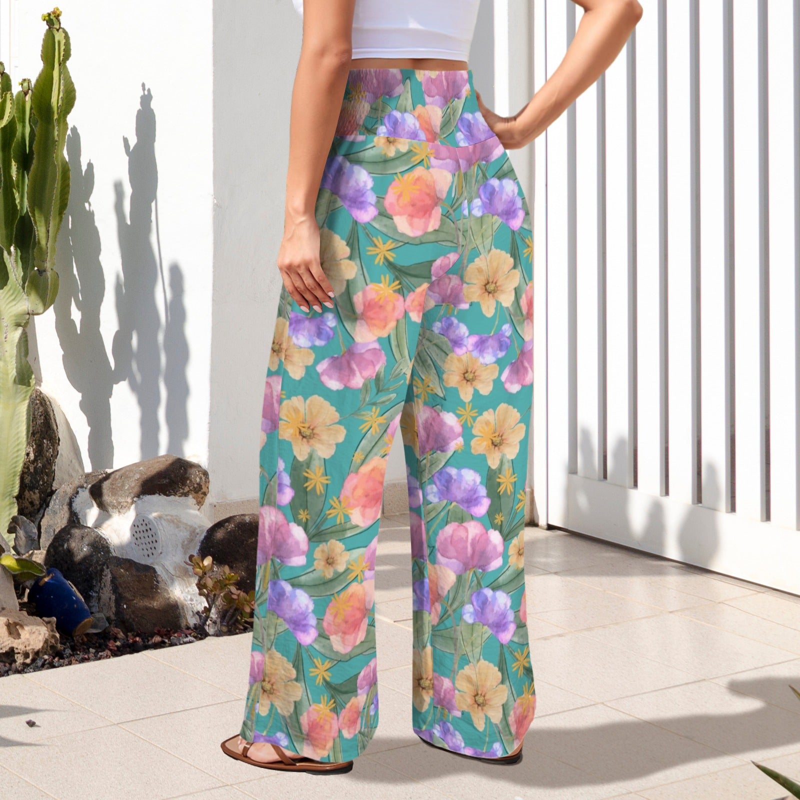 Teal Simple Floral High Elastic Waist Pants with Wide Legs up to 5 XL 4