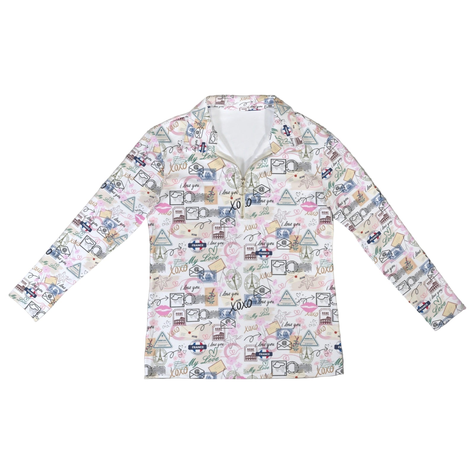 Travel Love Zip Neck Long Sleeve Top up to 5 XL white 1