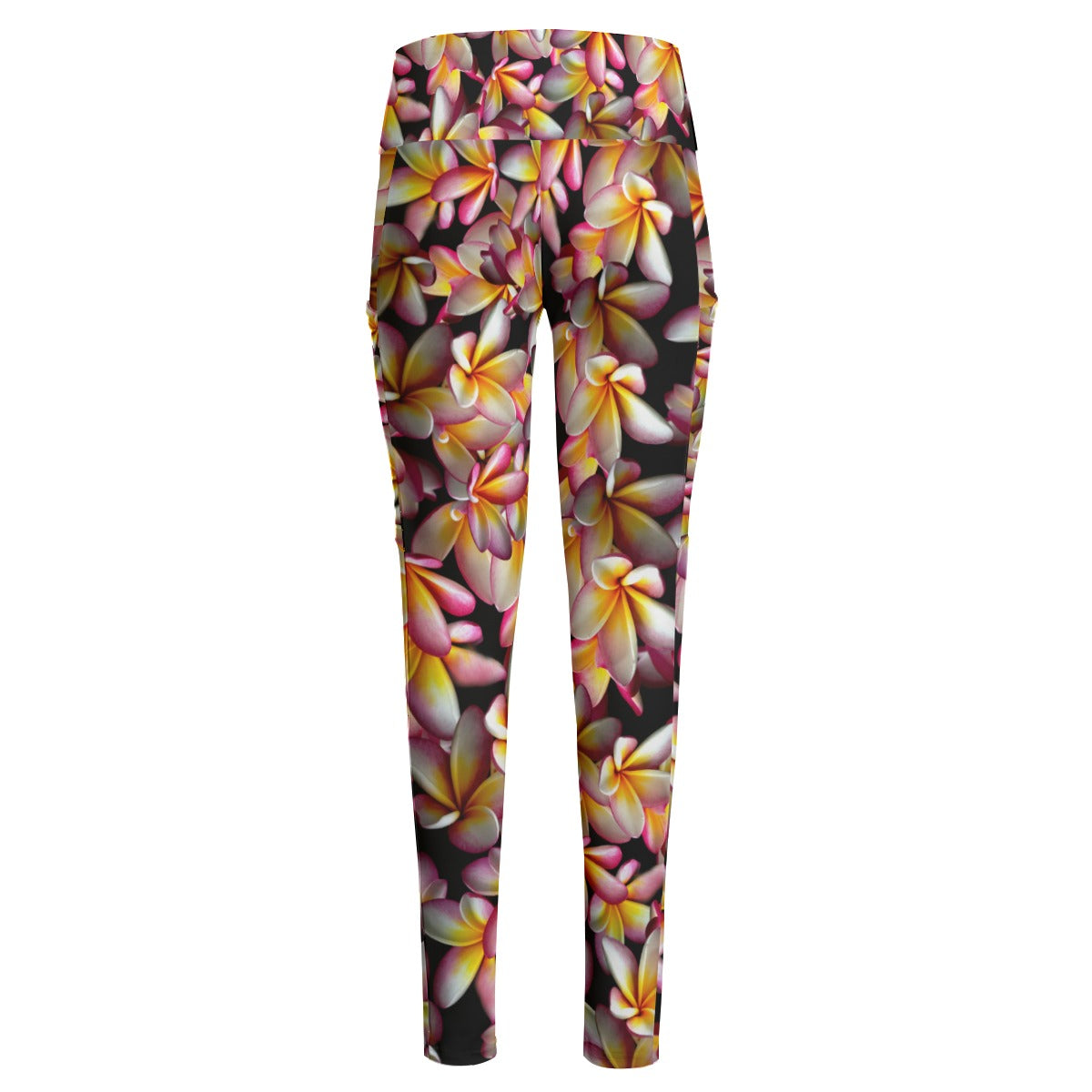 Tri Colour Frangipanis Black High Waist Long Leggings With Side Pockets up to 6 XL 2