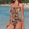 Tri Colour Frangipanis Black Women's Ruched Halter Neck Swimsuit up to 5 XL (FWS) 2