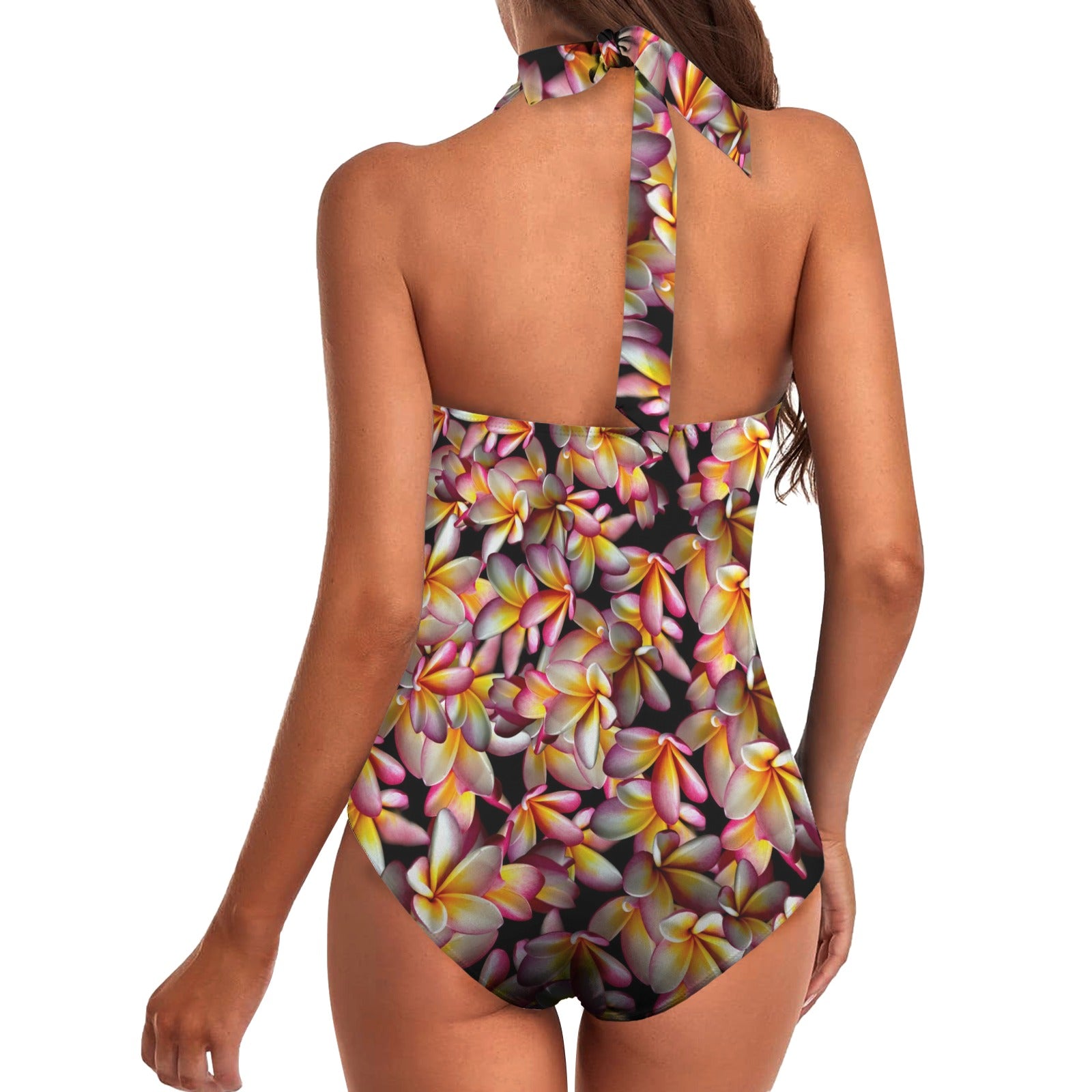Tri Colour Frangipanis Black Women's Ruched Halter Neck Swimsuit up to 5 XL (FWS) 4