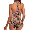 Tri Colour Frangipanis Black Women's Ruched Halter Neck Swimsuit up to 5 XL (FWS) 4
