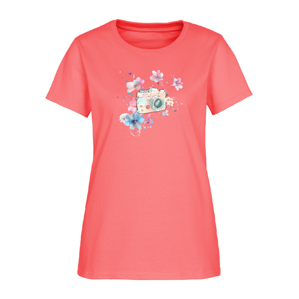 Watercolour Camera Cotton T-Shirt up to 3 XL - coral