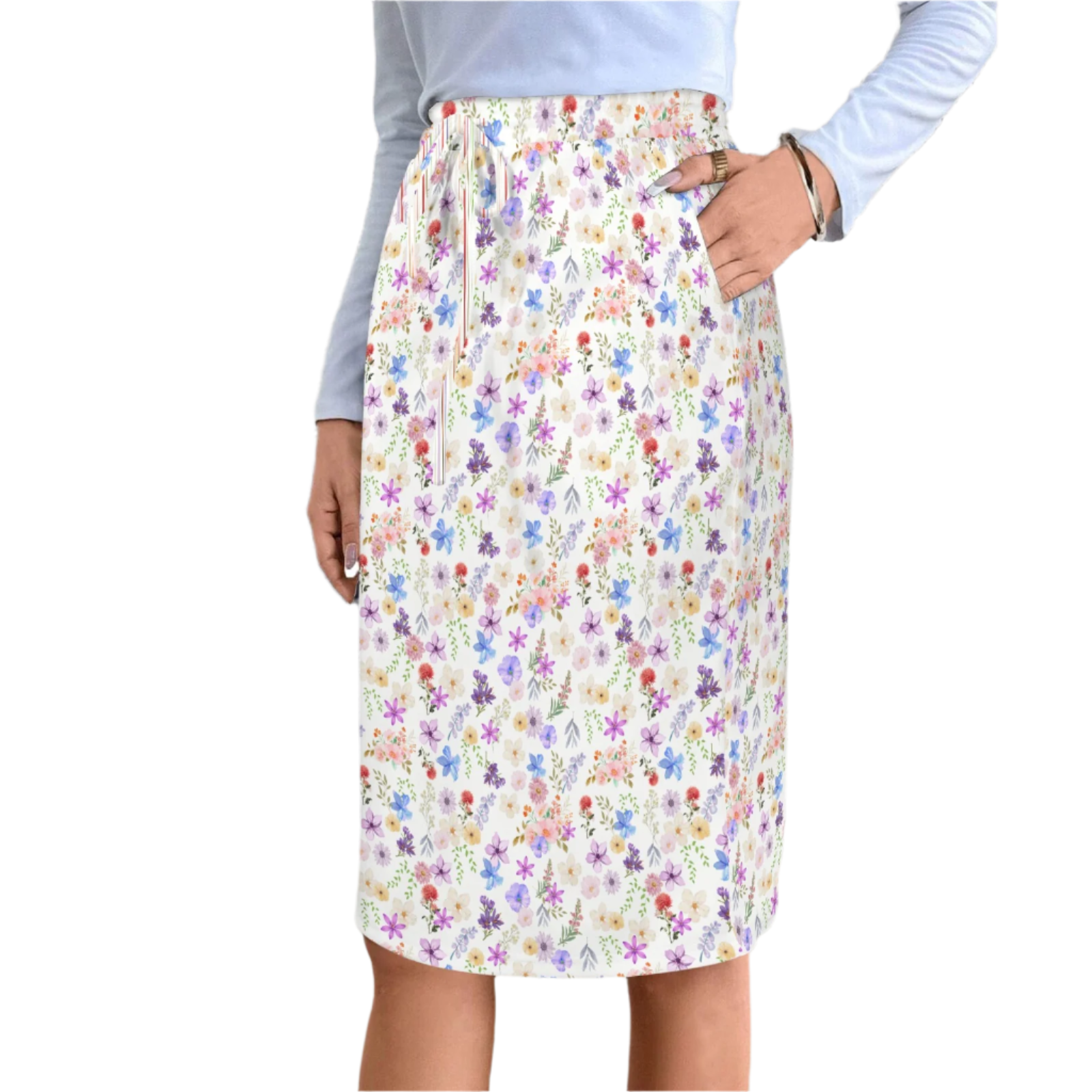 White Floral Knee Length Double Pocket Skirt up to 5 XL
