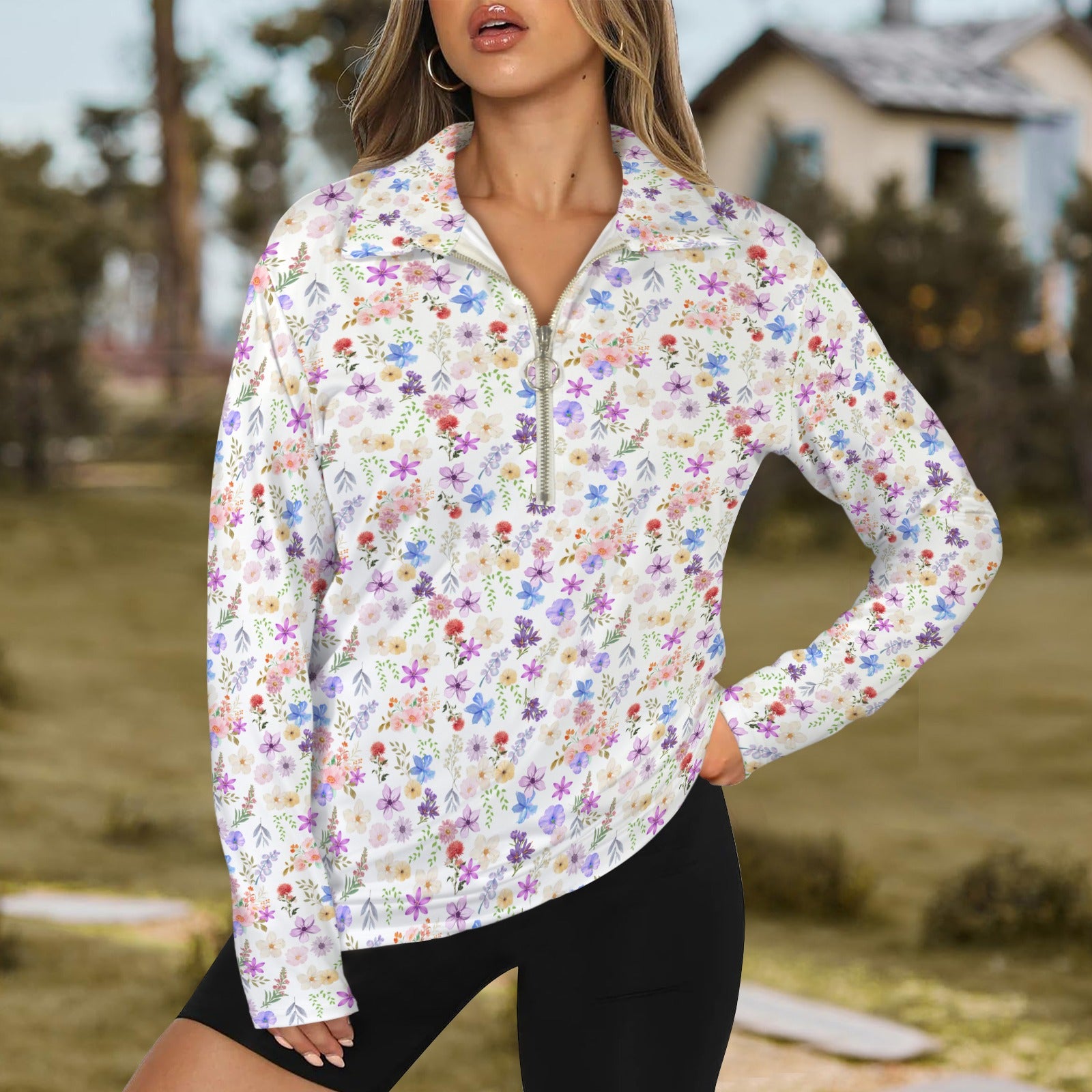 White Floral Zip Neck Long Sleeve Top up to 5 XL 1