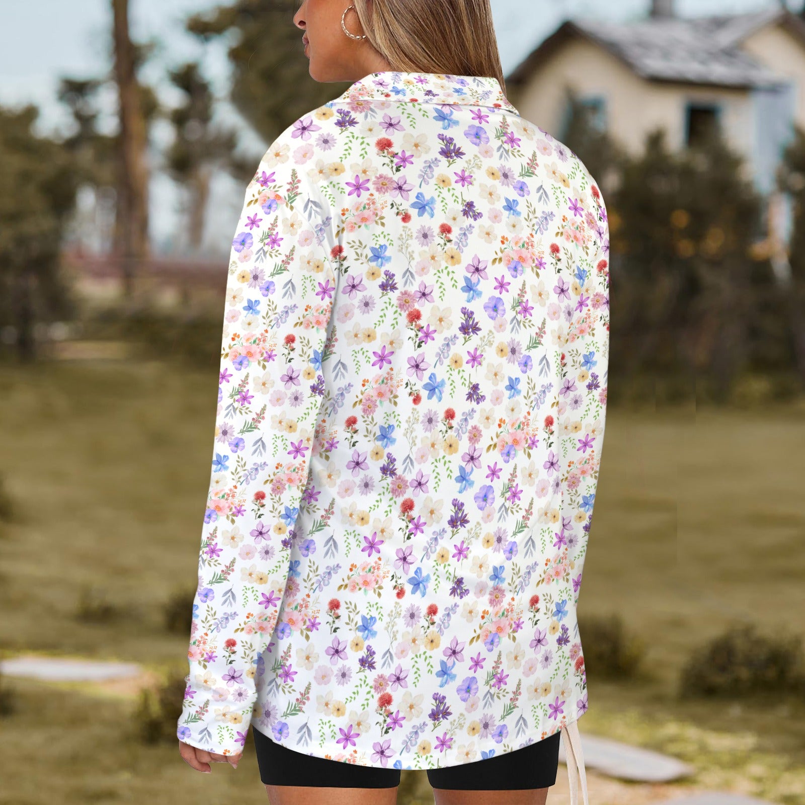 White Floral Zip Neck Long Sleeve Top up to 5 XL 3