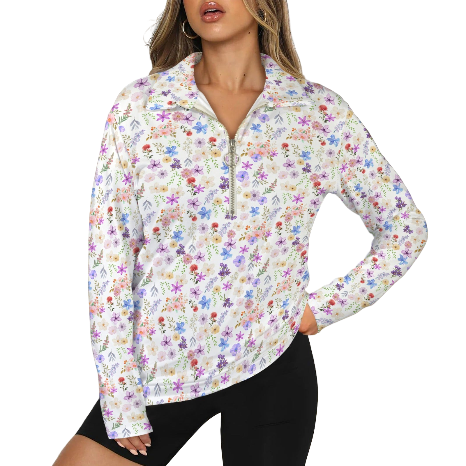 White Floral Zip Neck Long Sleeve Top up to 5 XL white 1