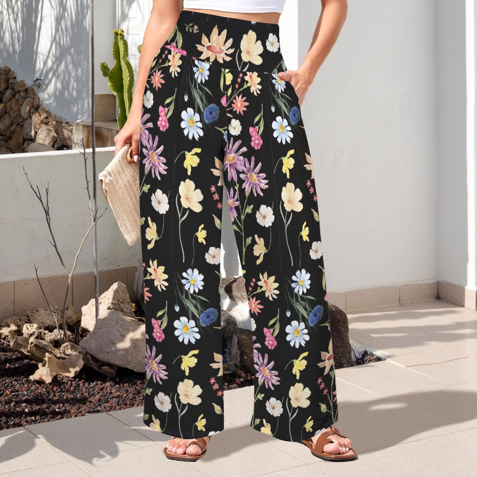 Wildflowers Painted Black High Elastic Waist Pants with Wide Legs up to 5 XL 1