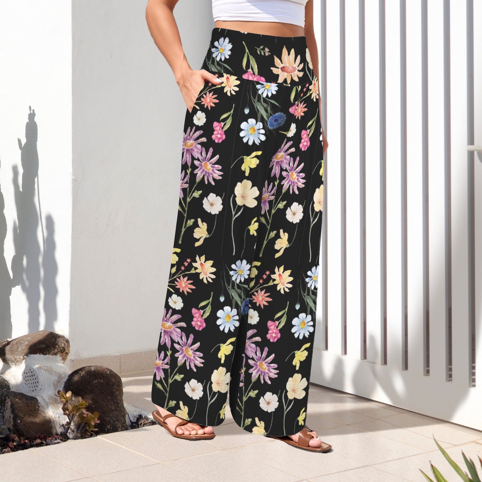 Wildflowers Painted Black High Elastic Waist Pants with Wide Legs up to 5 XL 2