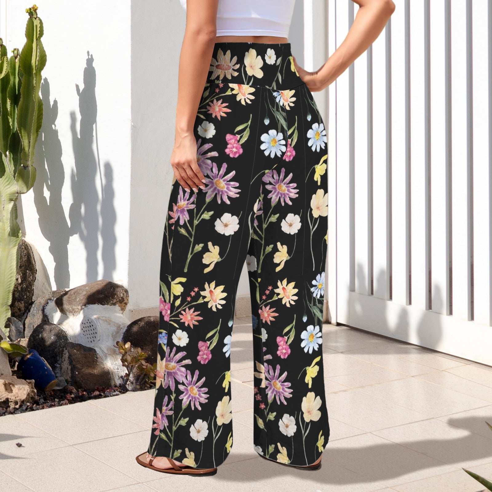 Wildflowers Painted Black High Elastic Waist Pants with Wide Legs up to 5 XL 3
