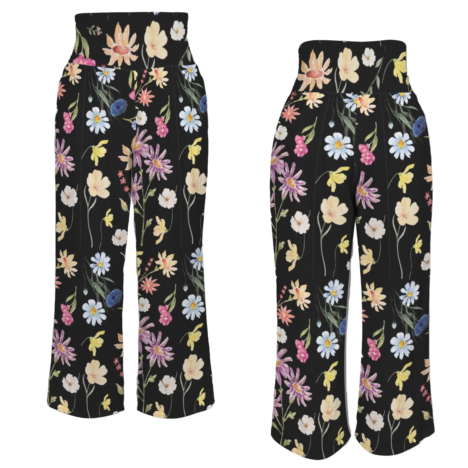 Wildflowers Painted Black High Elastic Waist Pants with Wide Legs up to 5 XL 4