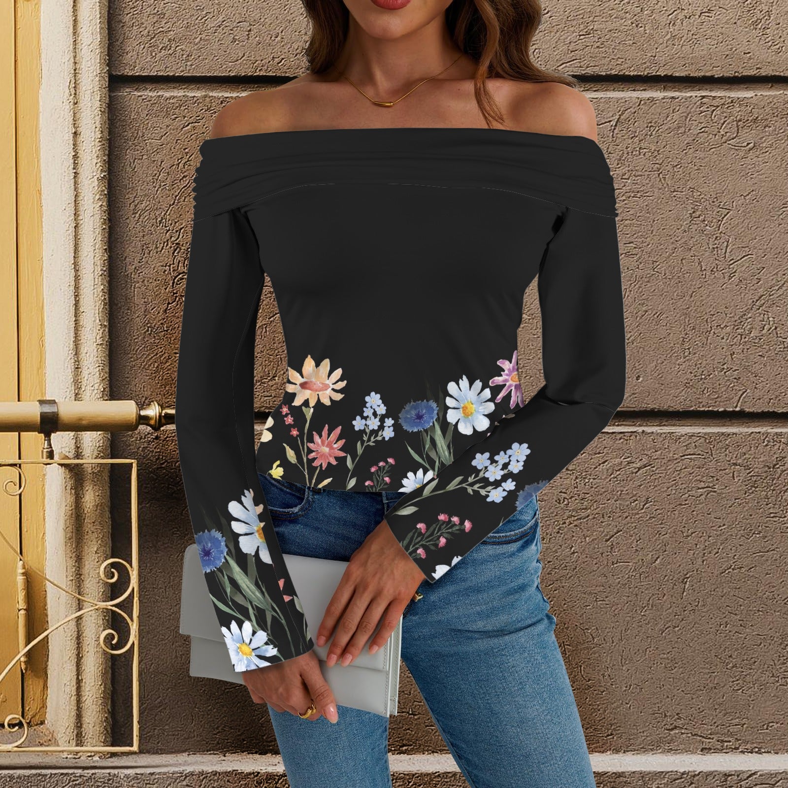 Wildflowers Painted Black L Off Shoulder Slim Fit Long Sleeve Top up to 5 XL 1