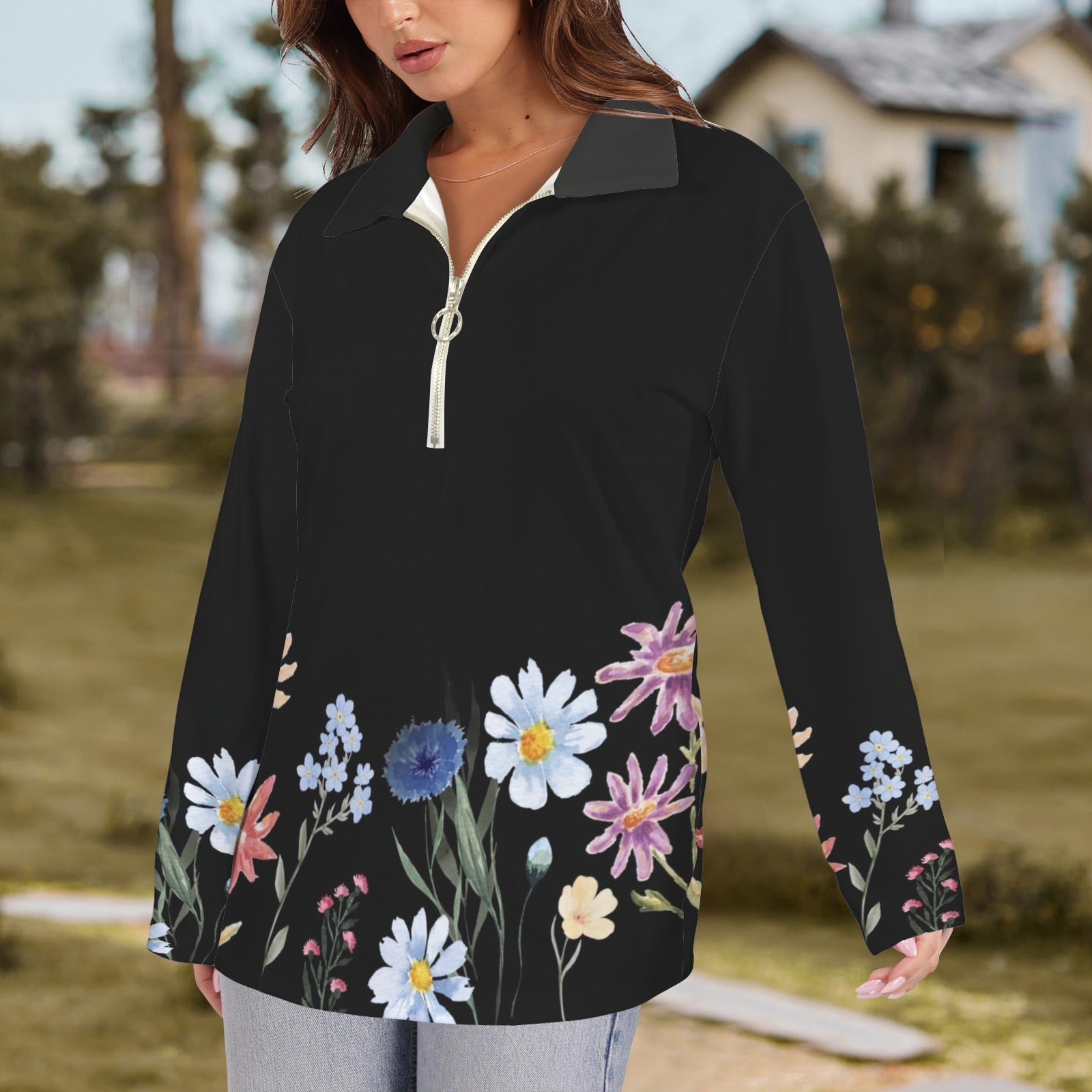Wildflowers Painted Black L Zip Neck Long Sleeve Top up to 5 XL 2