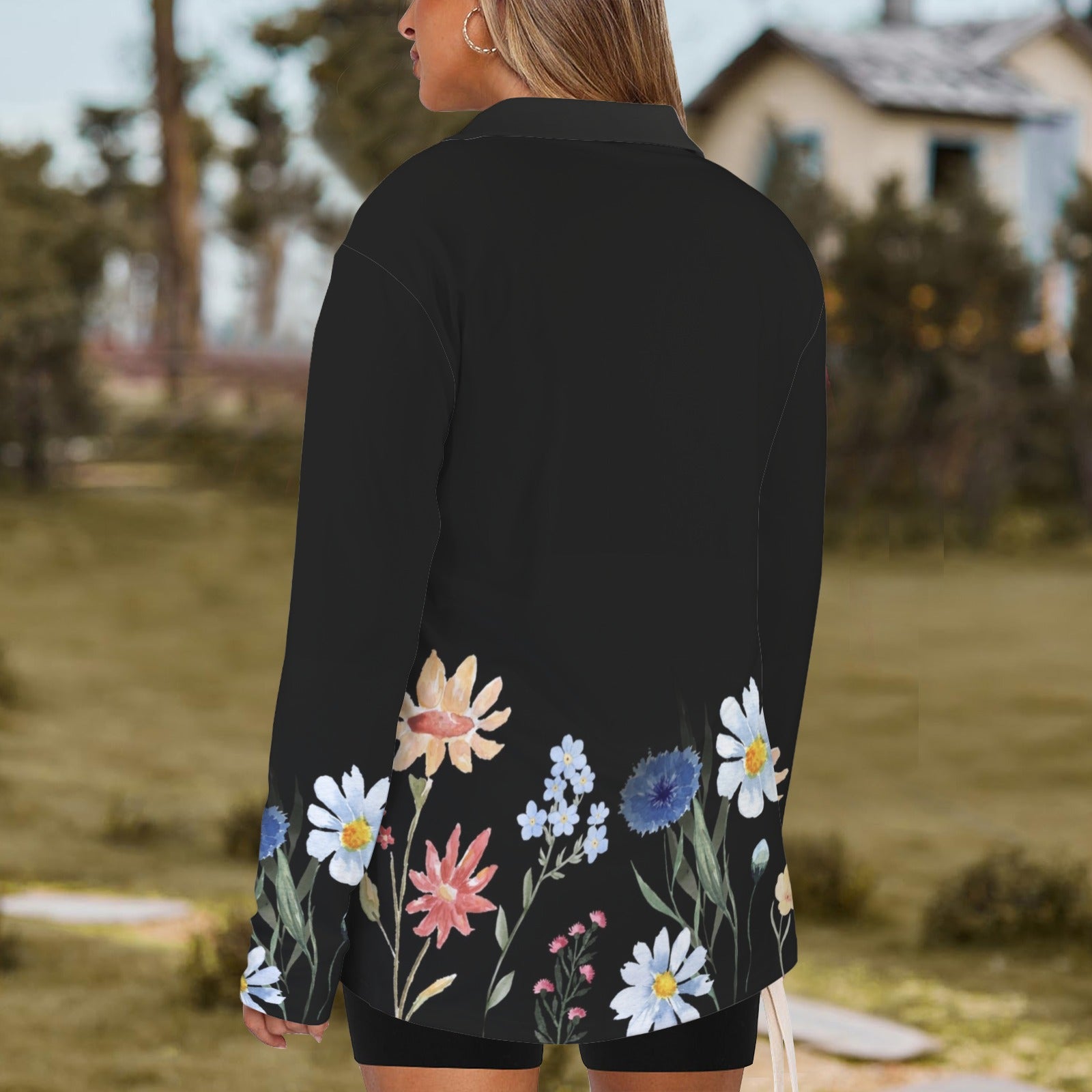 Wildflowers Painted Black L Zip Neck Long Sleeve Top up to 5 XL 3
