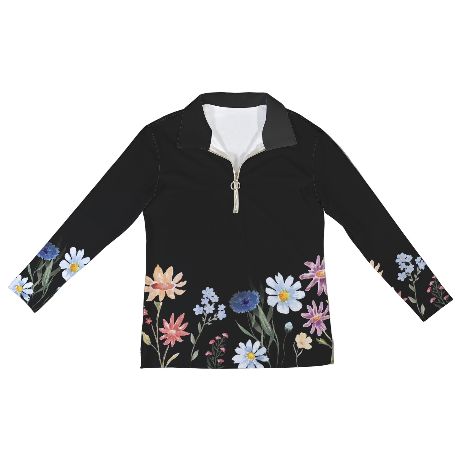 Wildflowers Painted Black L Zip Neck Long Sleeve Top up to 5 XL 4