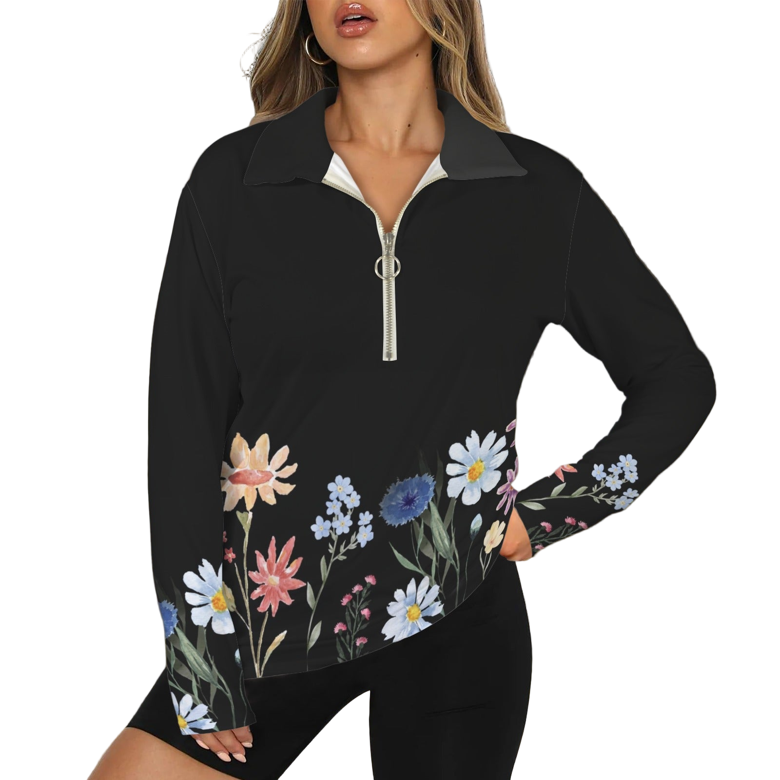 Wildflowers Painted Black L Zip Neck Long Sleeve Top up to 5 XL white