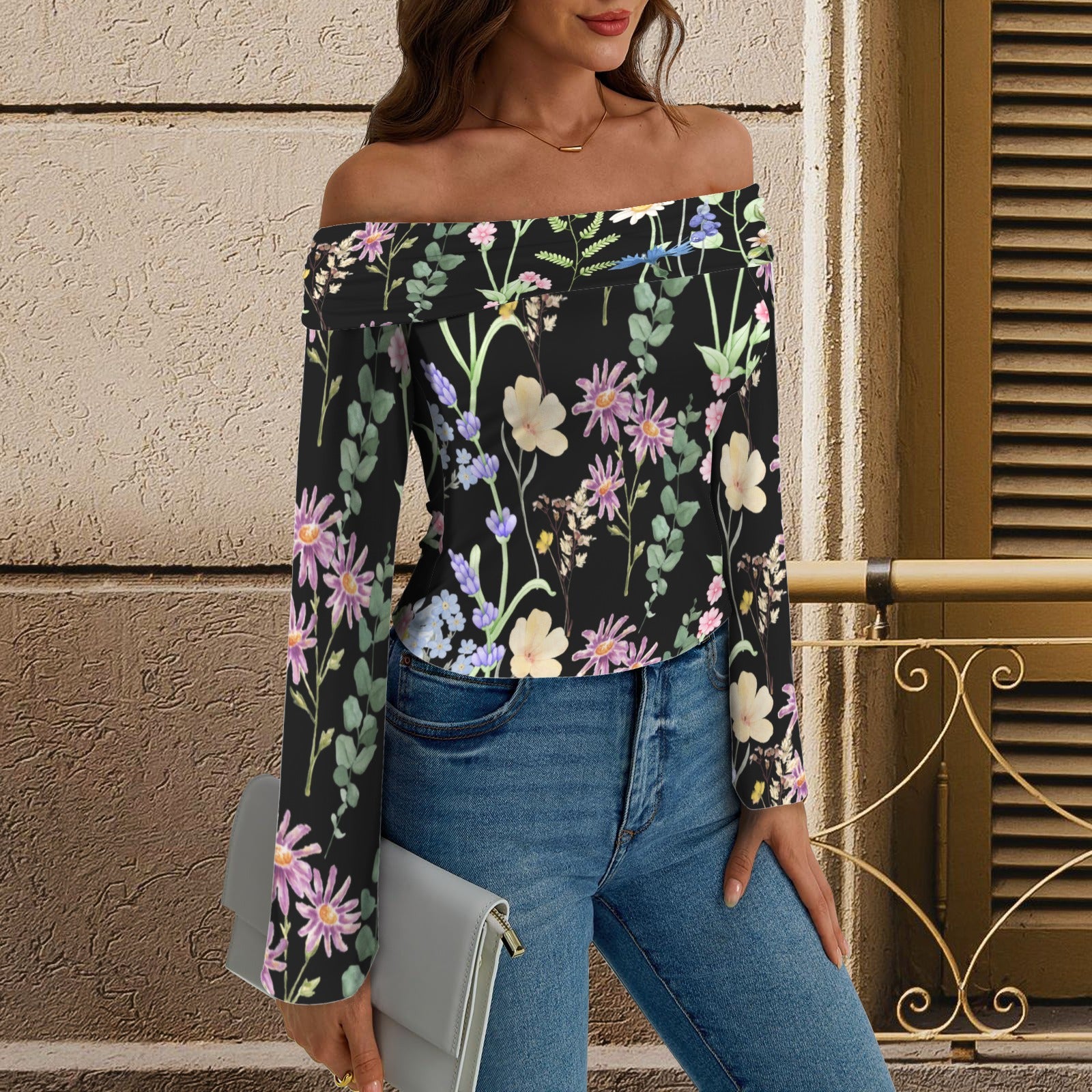 Wildflowers Painted Black Off Shoulder Slim Fit Long Sleeve Top up to 5 XL 2