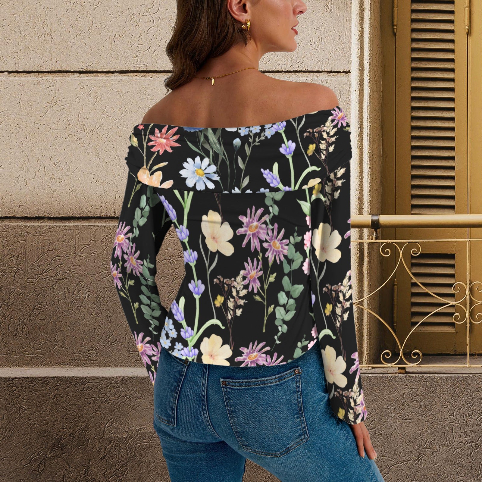 Wildflowers Painted Black Off Shoulder Slim Fit Long Sleeve Top up to 5 XL 3