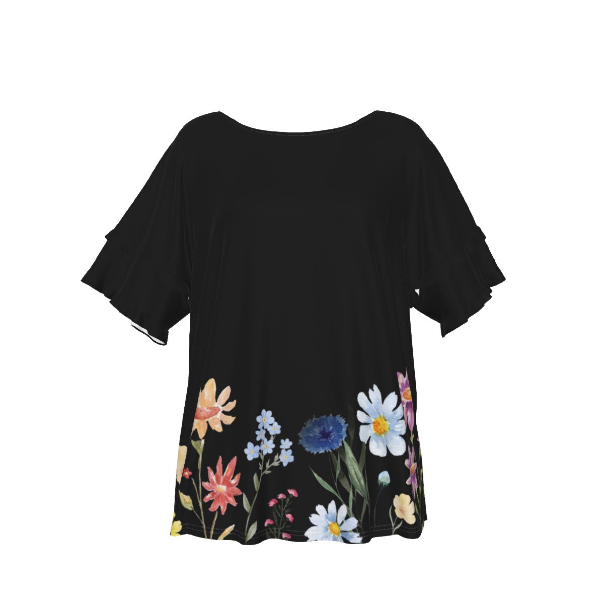 Wildflowers Painted Black Round Neck Top up to 4 XL (FWS) 1