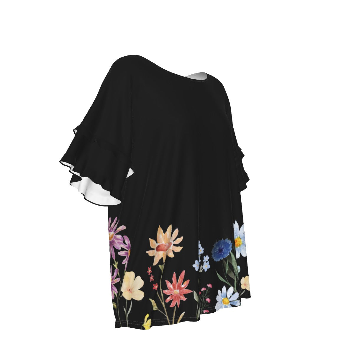 Wildflowers Painted Black Round Neck Top up to 4 XL (FWS) 3