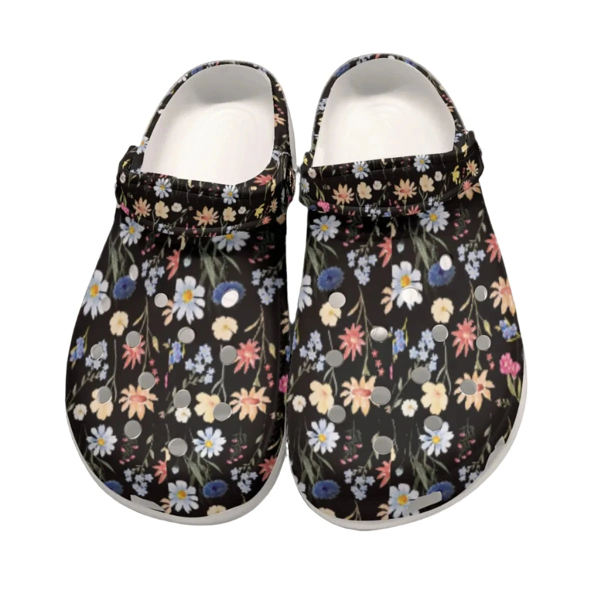 Wildflowers Painted Black Rubber Clogs up to size 12 1