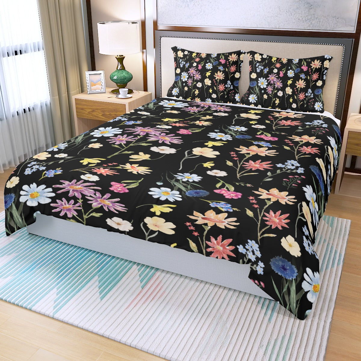 Wildflowers Painted Black Three Piece Bed Cover Set 1