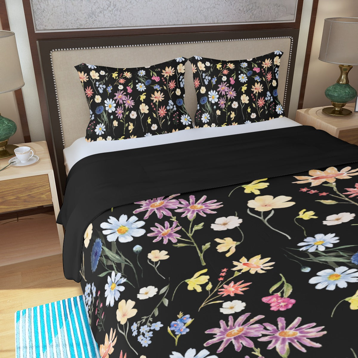 Wildflowers Painted Black Three Piece Bed Cover Set 2