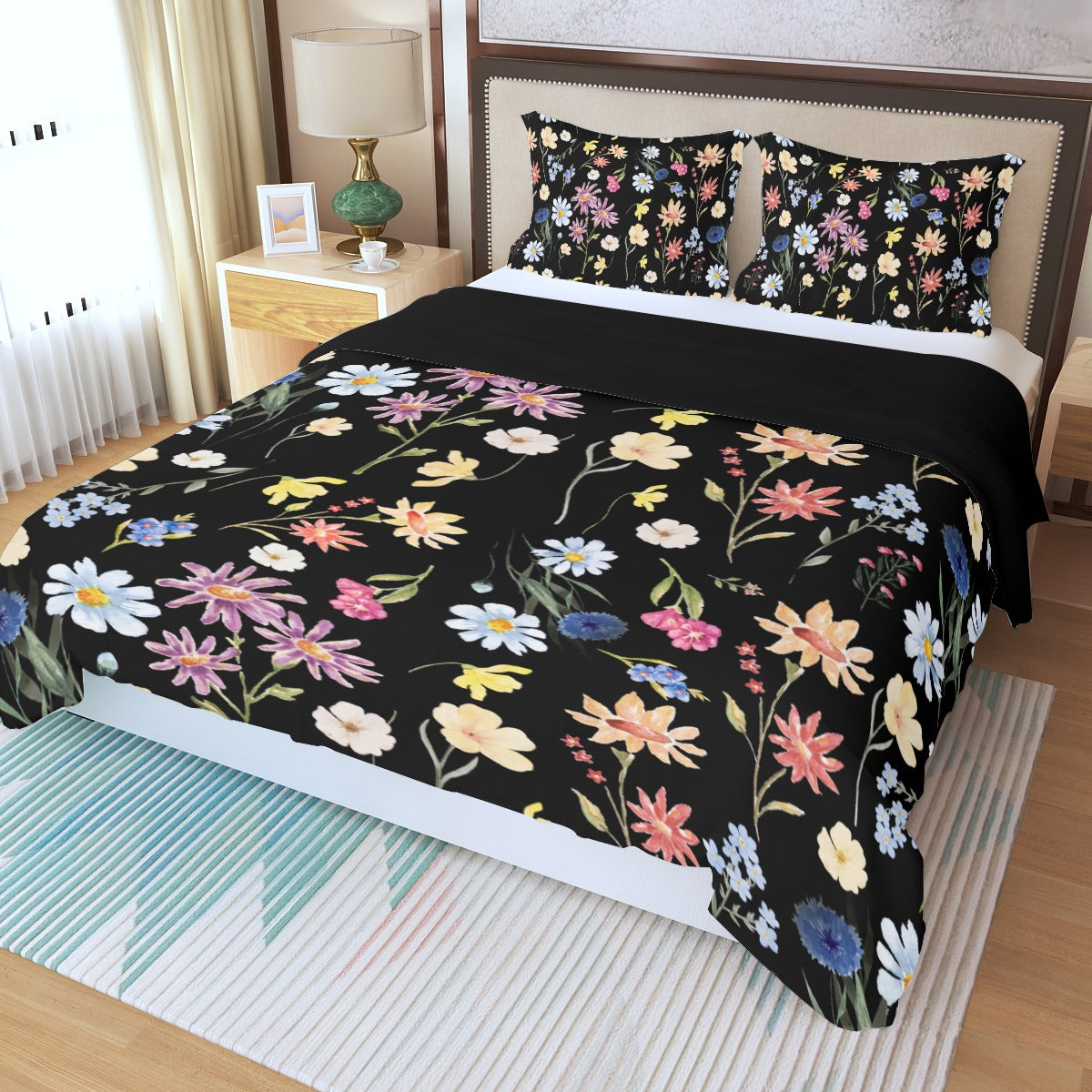 Wildflowers Painted Black Three Piece Bed Cover Set 3