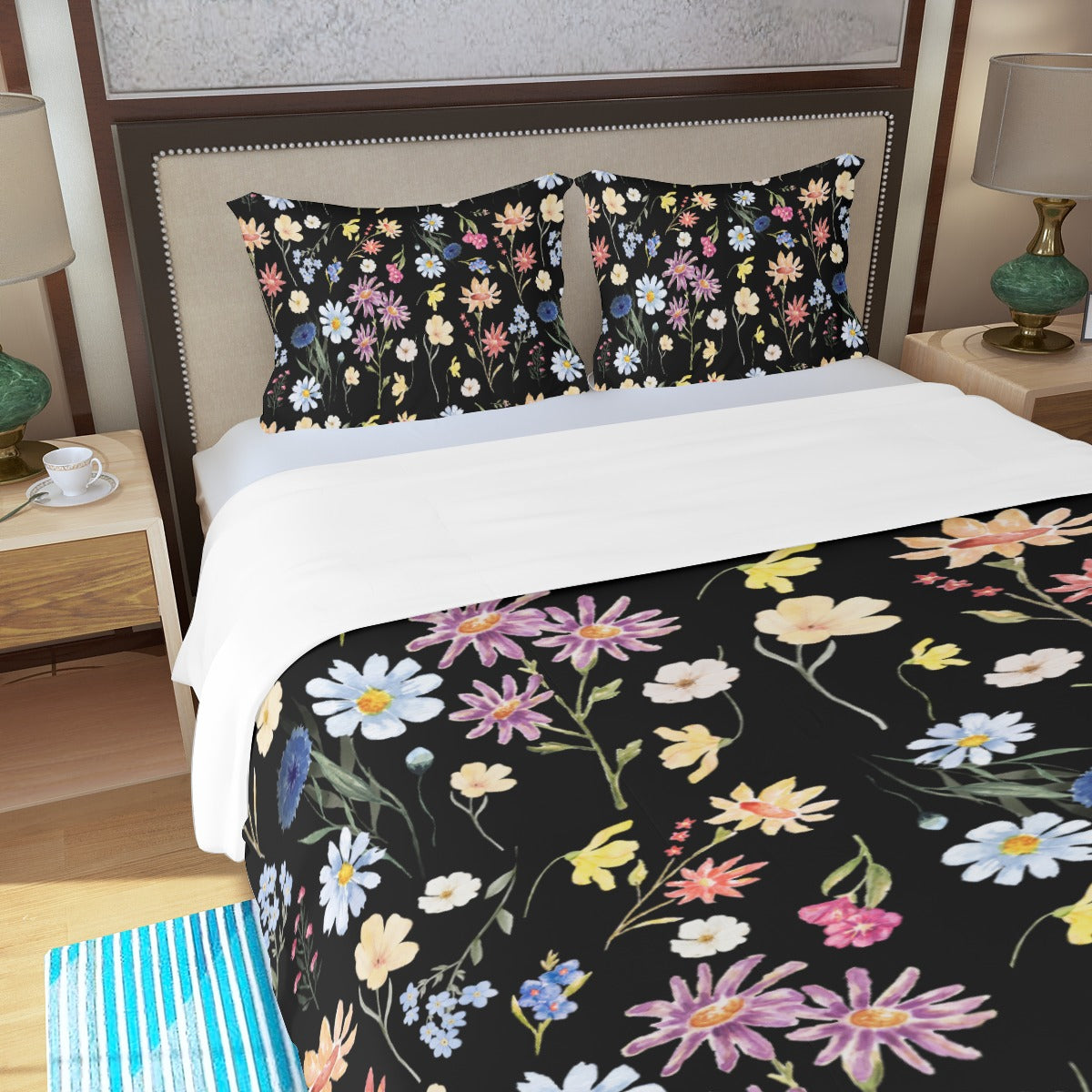 Wildflowers Painted Black Three Piece Bed Cover Set 4