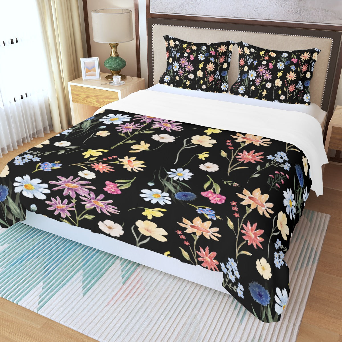 Wildflowers Painted Black Three Piece Bed Cover Set 5