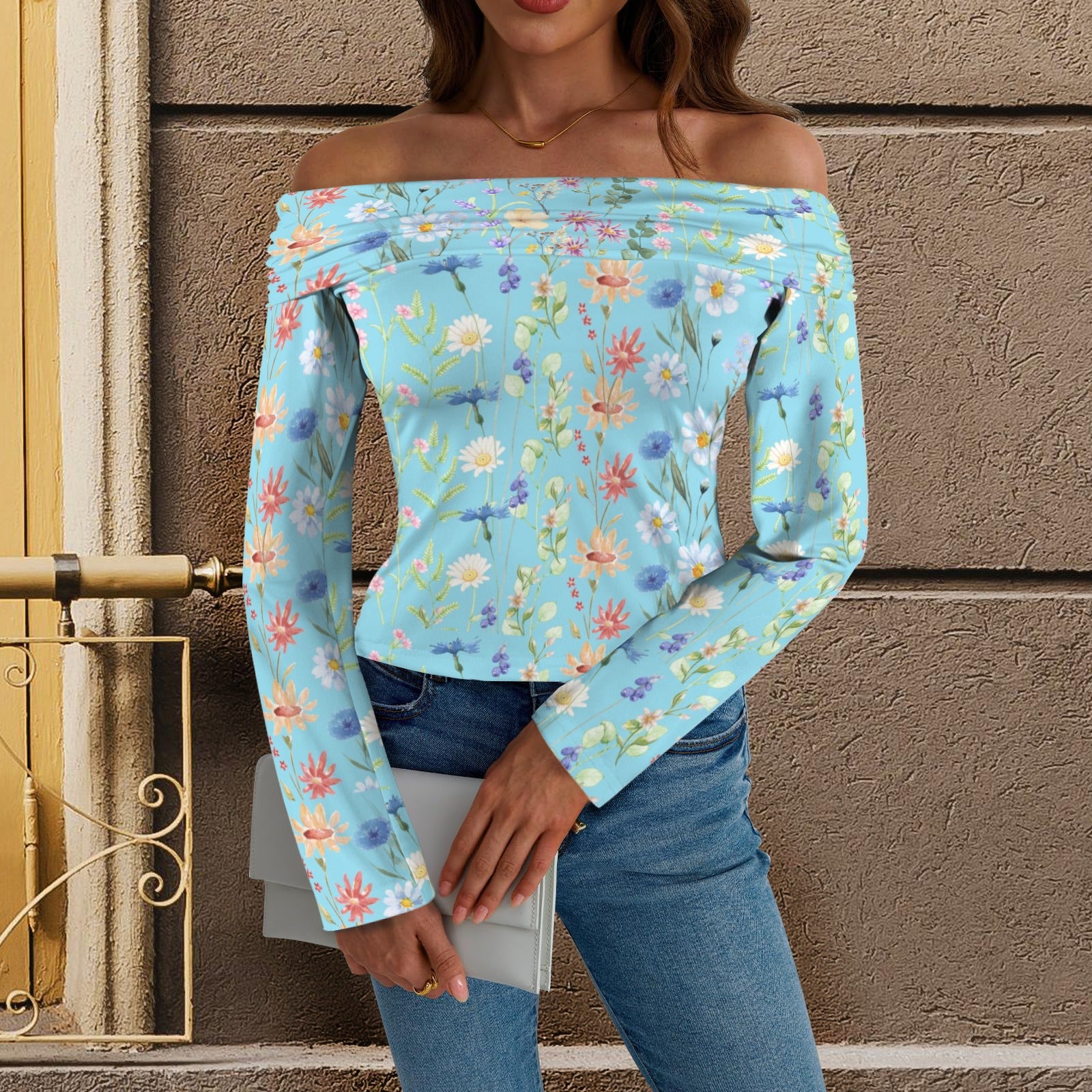 Wildflowers Painted Blue Off Shoulder Slim Fit Long Sleeve Top up to 5 XL 1