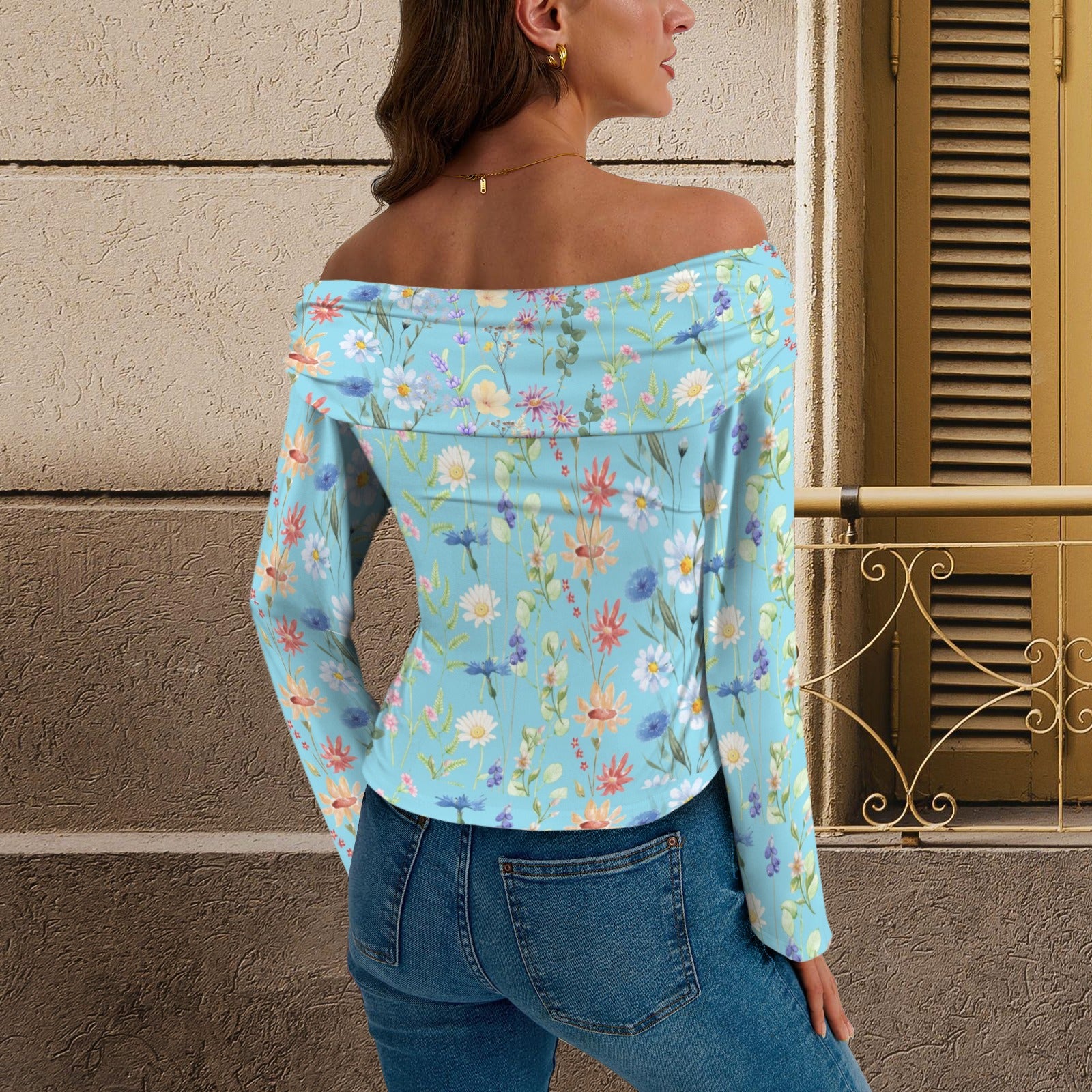 Wildflowers Painted Blue Off Shoulder Slim Fit Long Sleeve Top up to 5 XL 3