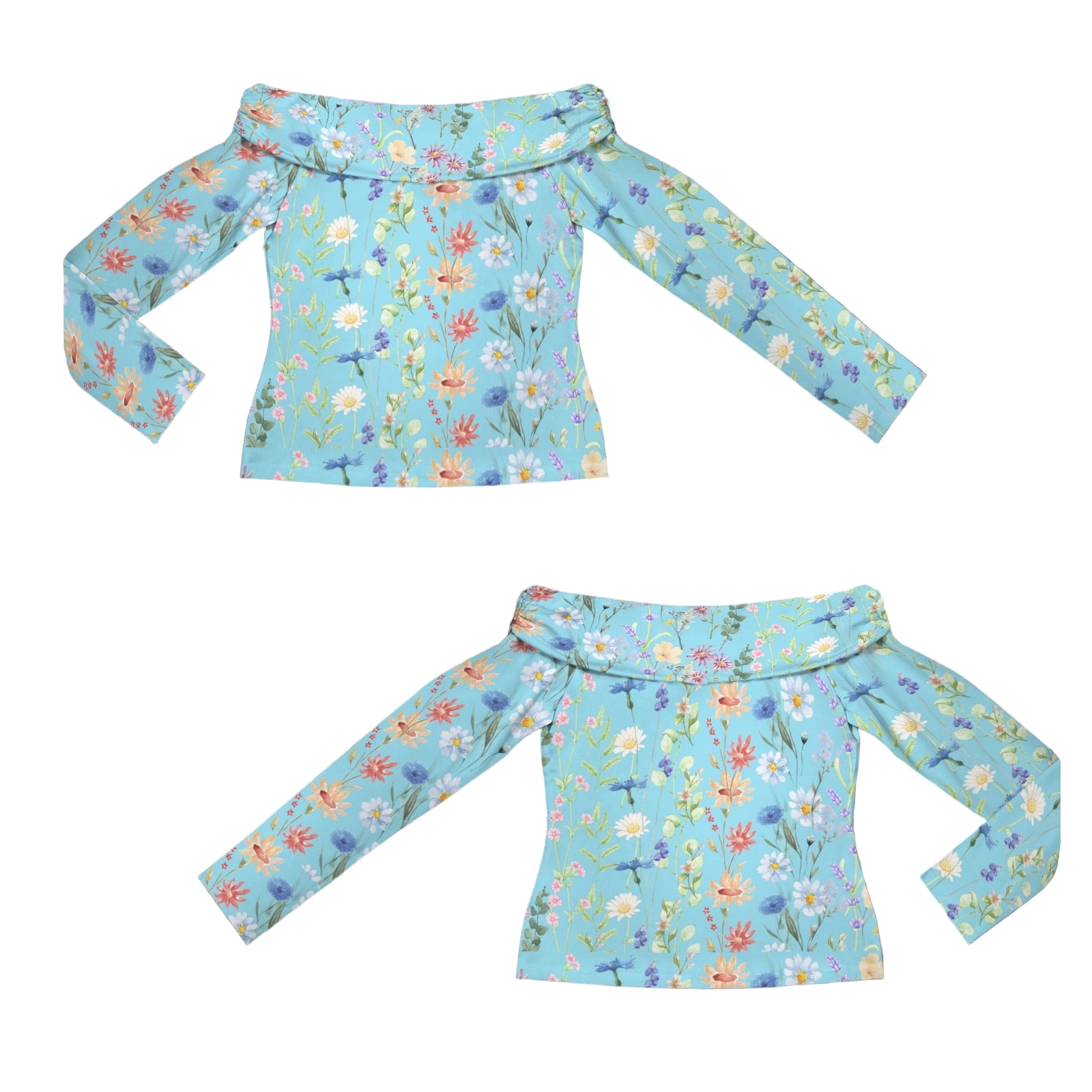 Wildflowers Painted Blue Off Shoulder Slim Fit Long Sleeve Top up to 5 XL 4