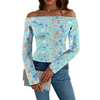 Wildflowers Painted Blue Off Shoulder Slim Fit Long Sleeve Top up to 5 XL white