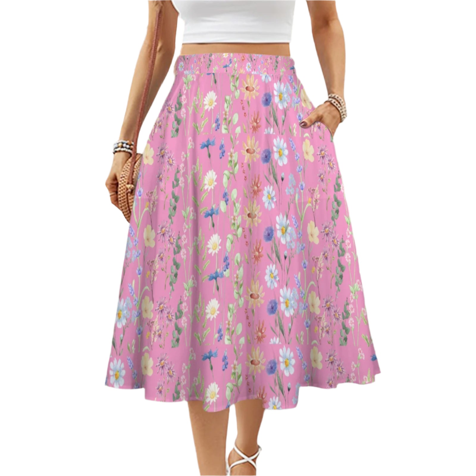 Wildflowers Painted Pink Mid Length Skirt with Pockets up to 5 XL (FWS) 1