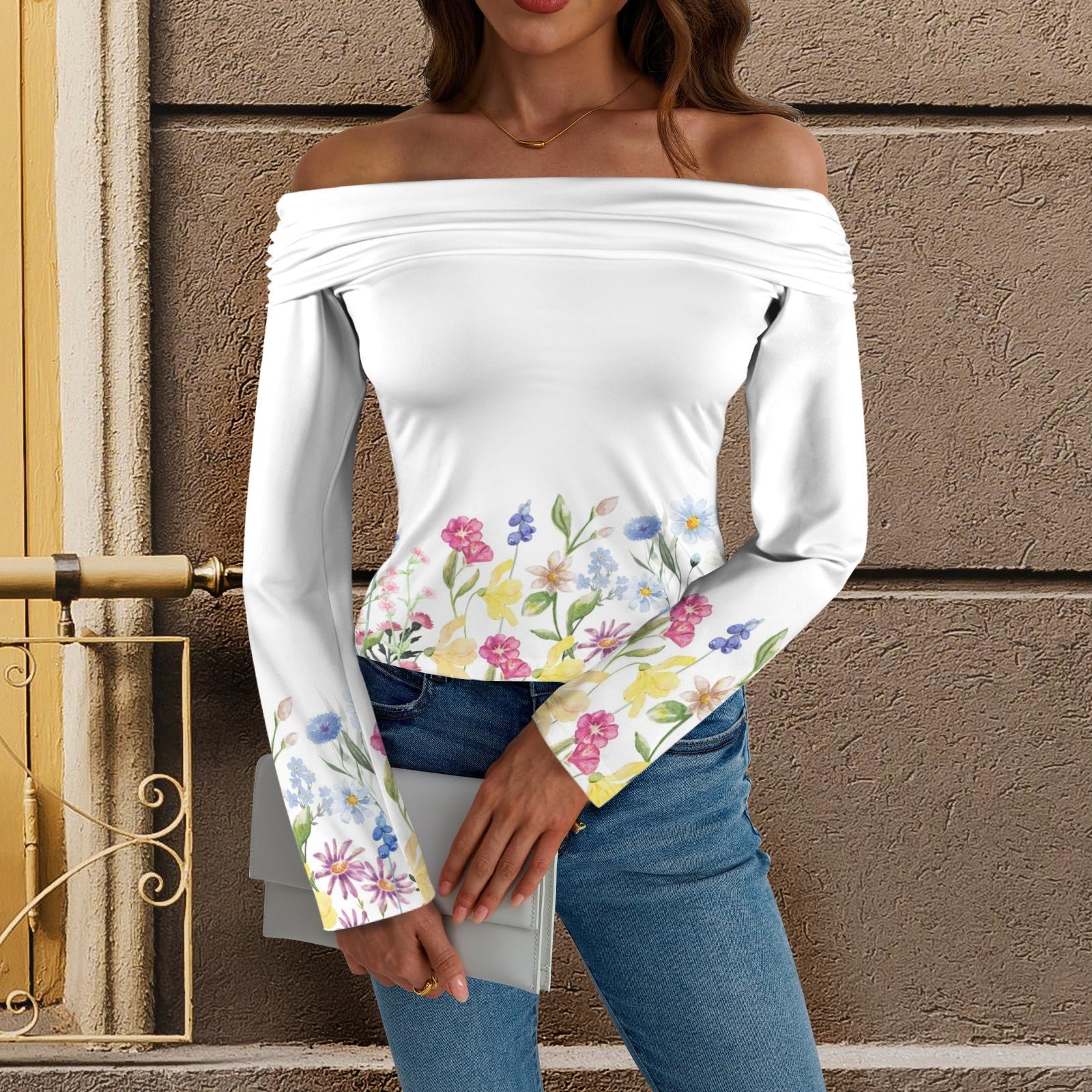 Wildflowers Painted White L Off Shoulder Slim Fit Long Sleeve Top up to 5 XL 1