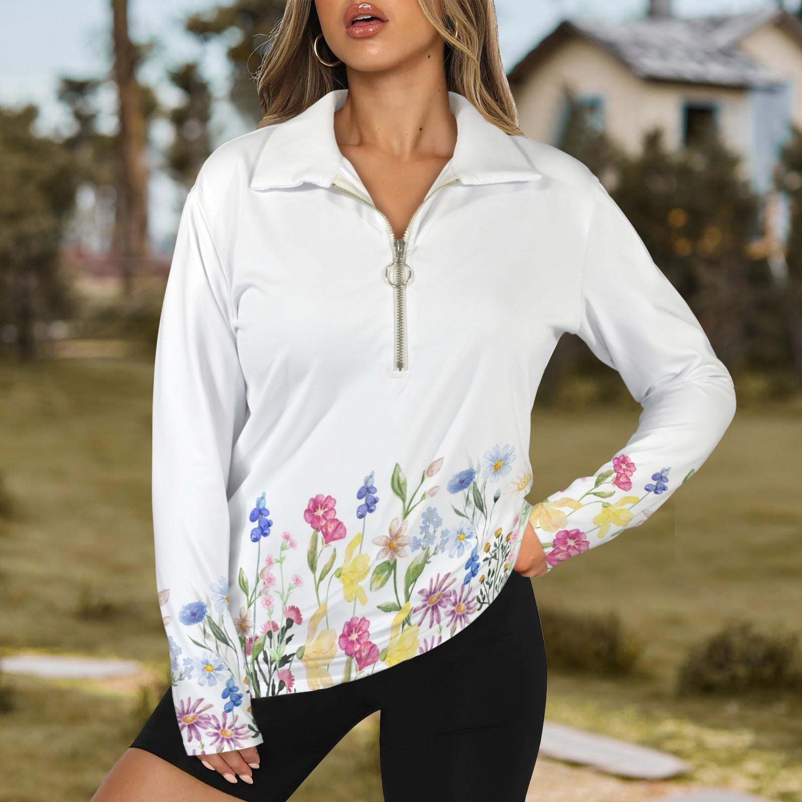 Wildflowers Painted White L Zip Neck Long Sleeve Top up to 5 XL 1