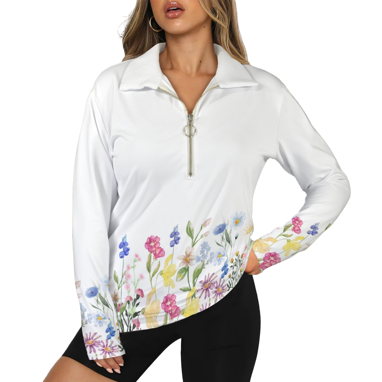 Wildflowers Painted White L Zip Neck Long Sleeve Top up to 5 XL white