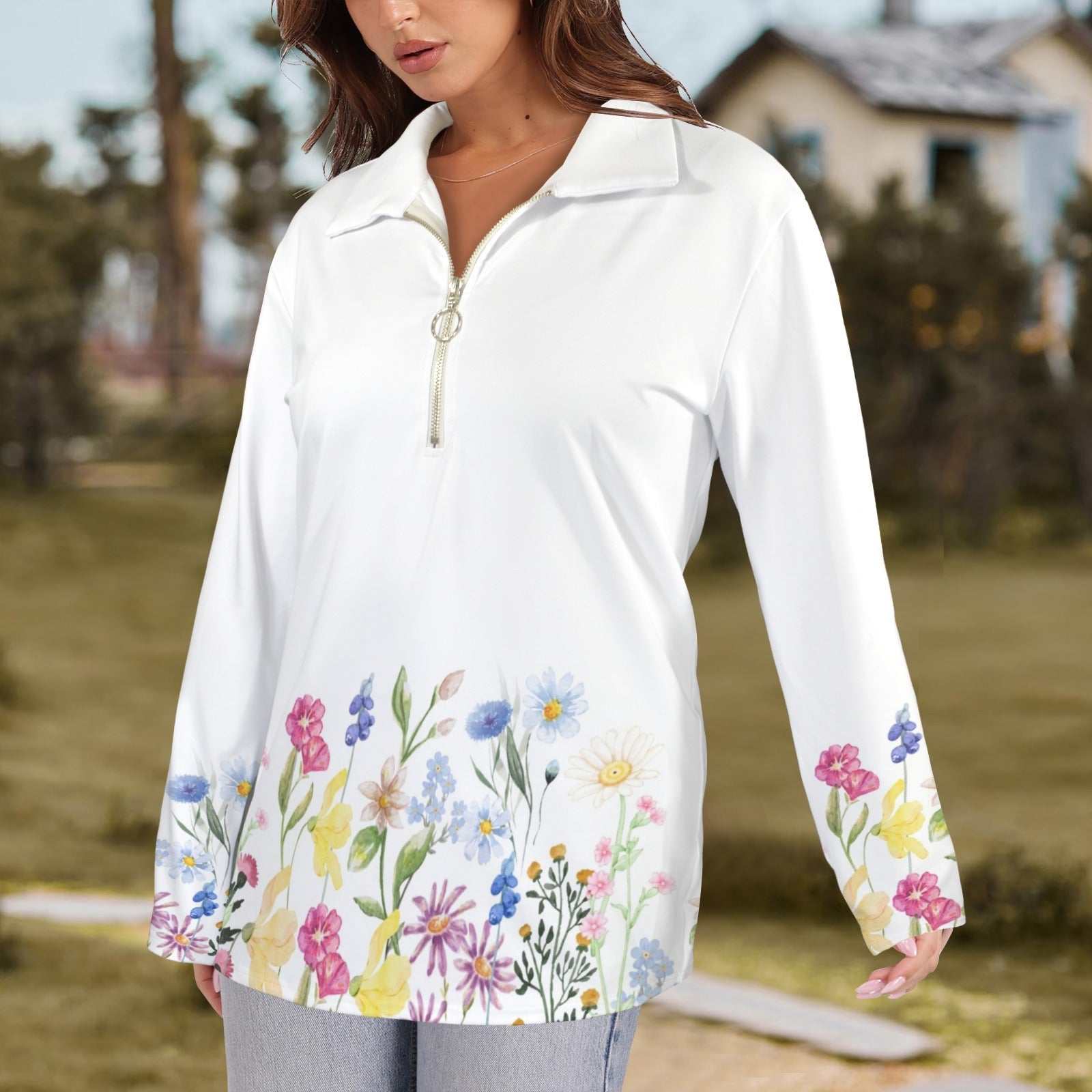 Wildflowers Painted White L Zip Neck Long Sleeve Top up to 5 XL 3