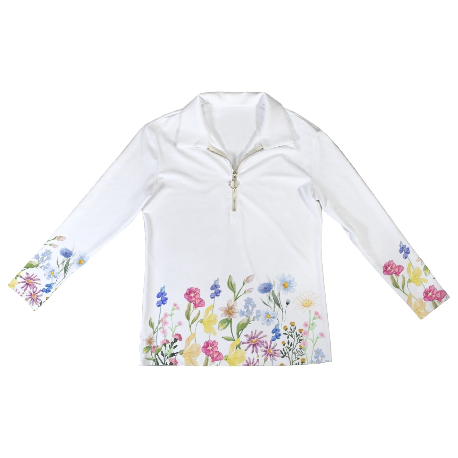 Wildflowers Painted White L Zip Neck Long Sleeve Top up to 5 XL 5