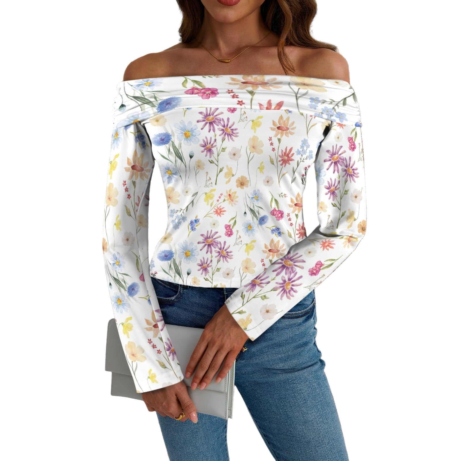 Wildflowers Painted White Off Shoulder Long Sleeve Top up to 5 XL white