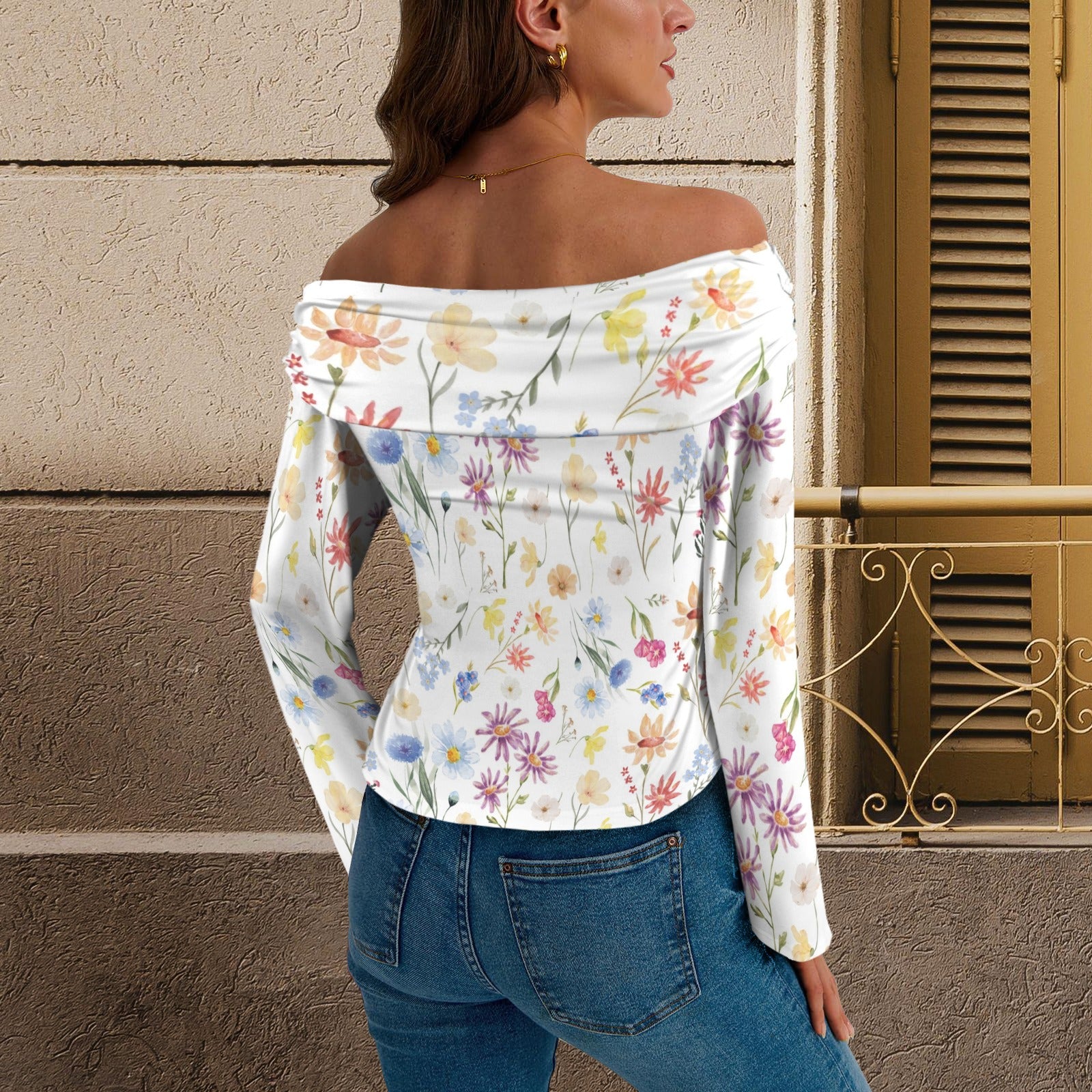 Wildflowers Painted White Off Shoulder Slim Fit Long Sleeve Top up to 5 XL 31