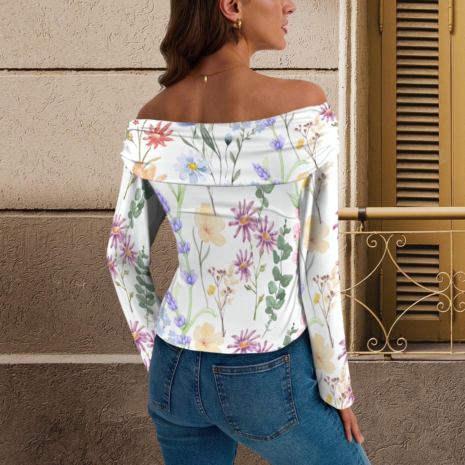 Wildflowers Painted White Off Shoulder Slim Fit Long Sleeve Top up to 5 XL 4